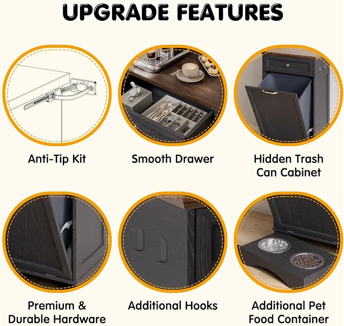 Tilt Out Trash Can Cabinet with Dog Bowl, 10 Gallons Dog Feeding Station with Storage, Dog Food Cabinet with Hideaway Drawer for Kitchen, Living Room,Laundry Room - Image 7