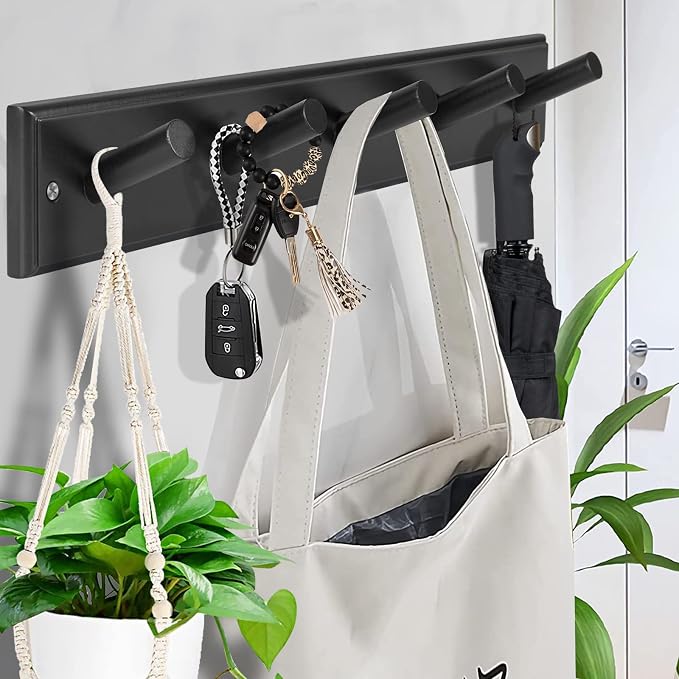 Wood Coat Rack Wall Mounted, 16'' Hole to Hole Wooden Peg Rail for Wall Hangers, 5 Pegs Bamboo Wall Hook for Hanging Towels Hats Robes Clothes Keys, White - Image 9