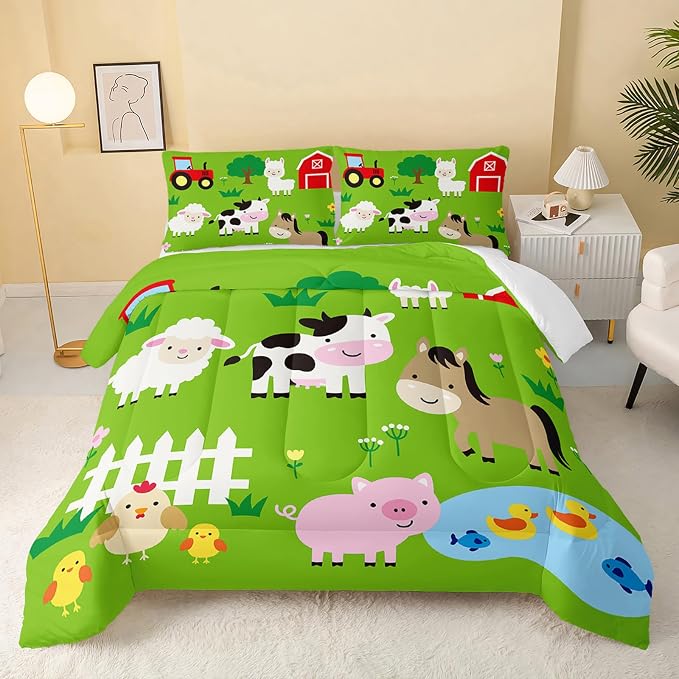 QOOMO Farm Animal Comforter,Pig Cow Sheep Comforter Set for Kids Teens Girls Boys,3Pcs Bedding Set Printed Comforter with 2 Pillowcases,Down Alternative,Soft and Lightweight，Twin Size by QOOMOHOME