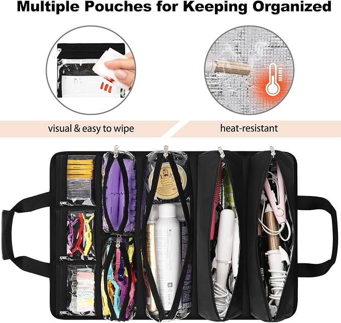 Hairstylist Travel Bag, Roll Up Cosmetology Traveling Case for Supplies | 8 Detachable Zipper Pouch, Heat Resistant Lining, Professional For Hairstylist Hairdresser Barber Esthetician - Image 3