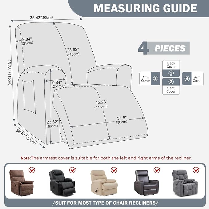 vctops Diamond Recliner Cover 4-Pieces Recliner Stretch Sofa Slipcover 1 Seater Couch Protector Soft Solid Furniture Protector Covers with Elastic Strap (Light Grey,1 Seat) - Image 2