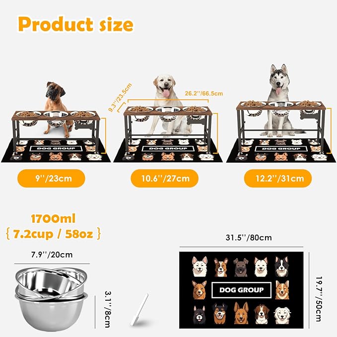 ADENGL Triple Elevated Dog Bowls Stand for Multiple Dogs, 3 Height Adjustable Raised Dog Bowl Stand with 3 Stainless Steel 1700ml(58oz) Bowls & Wood Tray & Mat - Image 4