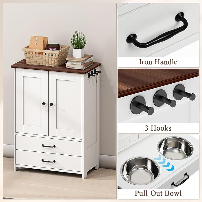 Rovibek Dog Feeding Station with Storage Cabinet - Elevated Dog Bowls with Storage Drawers, Pet Storage Cabinet with Leash Hooks, Pet Organizers for Food & Supplies - Image 5