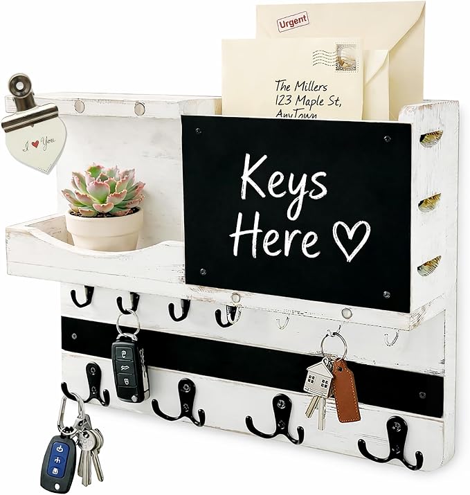 Key Holder for Wall Mount with Shelf and Mail Organizer, Key and Mail Holder with 16 Hooks, Farmhouse Entryway Organizer, Home Decor Rack (Pine Wood, White Washed) by HEKOOLA