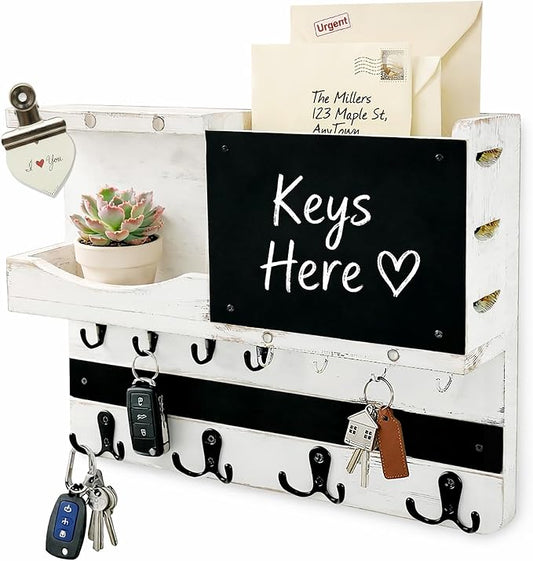 Key Holder for Wall Mount with Shelf and Mail Organizer, Key and Mail Holder with 16 Hooks, Farmhouse Entryway Organizer, Home Decor Rack (Pine Wood, White Washed) by HEKOOLA