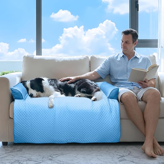 GGIB Cooling Dog Bed Mat with Bolster Pillow Washable Dog Couch Cover Breathable Summer Pet Couch Bed Protector Indoor(Large, Cooling Blue) - Image 2