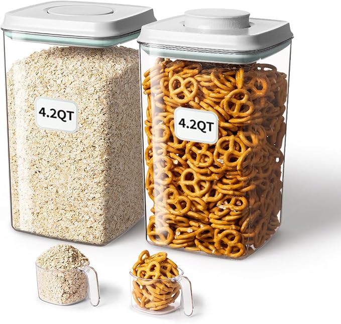 Ankou Airtight Food Storage Container with Pop Lid & 130ml Scoop, 4L/4.2qt *2 BPA-Free Cereal, Rice, Flour, Pasta & Snack Container, Stackable & Durable,Kitchen Pantry Organizer by ANKOU