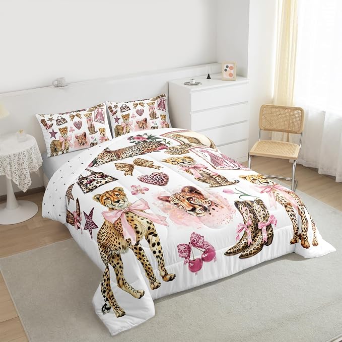 Manfei Cartoon Cheetah Boots Comforter Set Full Size,Girly Bow Cute Bedding Set for Kids Girls Boys Room Decor,Modern Fashion Leopard Soft Duvet Insert for All Season,2 Pillowcase,Pink White Brown - Image 7