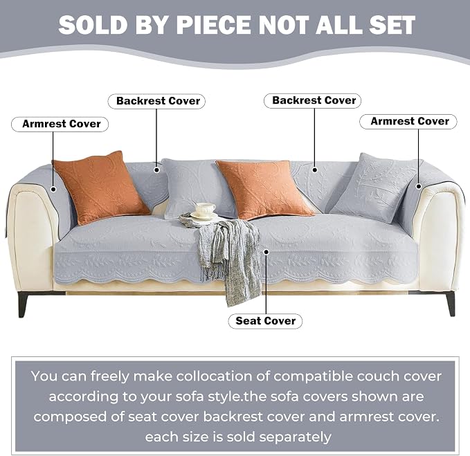 Leaf Floral Cotton Quilted Dog Couch Cover for Sofa Farmhouse Rustic Embroidered Sectional Couch Cover Soft Anti-Slip Sofa Slipcover Furniture Protector for Kids, Pets (Grey,36"x70") - Image 2