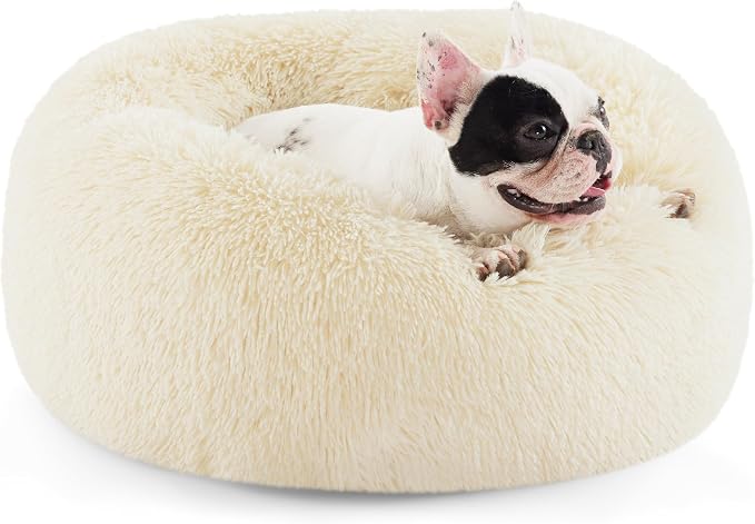 Bedsure Calming Small Medium Dog Bed Donut Washable Puppy Bed,27ins Cream | Fluffy Faux Fur Round Cuddler,Machine Washable,Anti-Slip Bottom,Anti-Anxiety,Deep Sleeping for Pets Up to 35 Lbs by Unknown