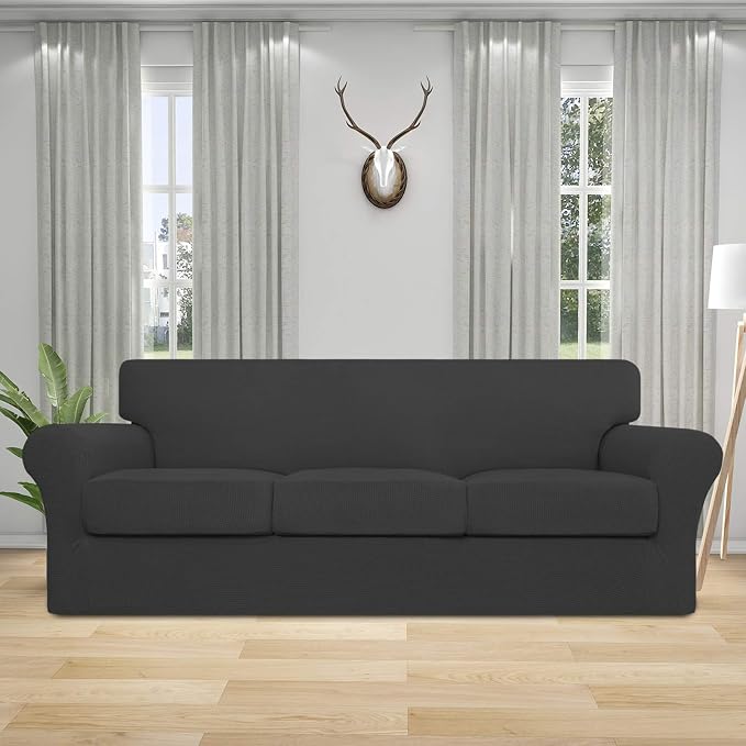 Easy-Going Couch Cover, Stretch Sofa Cover with 3 Cushion Covers, Washable Spandex Jacquard Fabric, Elastic Furniture Protector for Pets, Kid (Large, Dark Gray) - Image 2