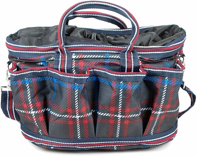 Jeffers Poplar Head Grooming Bag – Horse Grooming Organizer Tote with Pockets for Brushes, Tools, Clippers, Shampoo, Detangler – Stable Barn Kit Carrier for Horses, Pets, Navy & Merlot Plaid by Jeffers