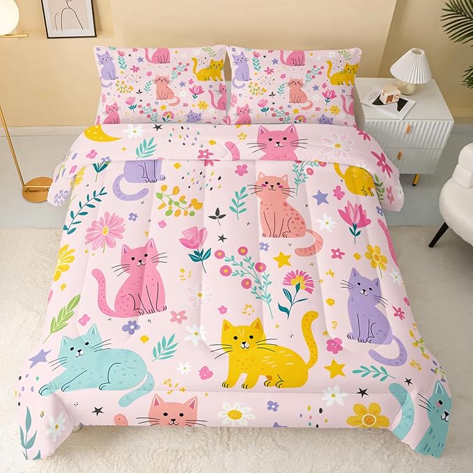 QOOMO Floral Cat Comforter Full Size,Pink Cat Bedding Set for Kids Teens Girls,3Pcs Bedding Set Printed Comforter with 2 Pillowcases,Down Alternative,Soft and Lightweight(Pink，Full Size) - Image 2