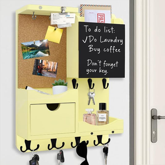 Key Holder Wall Mount， Mail Organizer Key Holder for Wall with Shelf, Drawer, Chalkboard, Corkboard, Home Decor Wall Mounted for Room Entryway (Ivory Yellow) by HEKOOLA