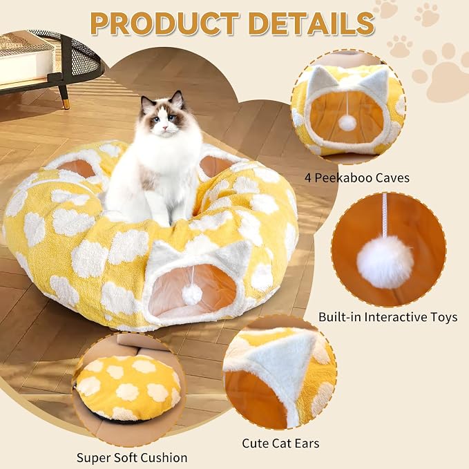 Donut Cat Tunnel Bed with 4 Peekaboo Holes, Multi-Cat Play Tube & Cozy Cave, Plush Indoor Kitten Toy Tent, Machine Washable and Collapsible - Image 3