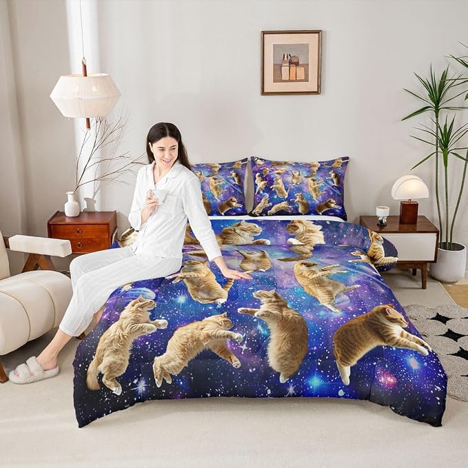 Feelyou Cats Comforter Set Galaxy Cute Cat Bedding Set for Kids Boys Girls University Planets Pet Cat Design Comforter Fun Lovely Animals Quilt Collection 3Pcs Queen Size Boys - Image 5