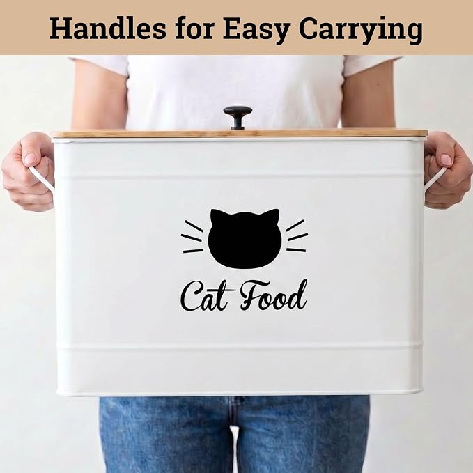 Metal Cat Food Container with Scoop, 15lb (50 Cup) w/ Airtight Bamboo Lid | 15 lb / 50 Cup Capacity, 1 Cup Metal Scoop, Durable Powder Coated Iron Body, Rubber Lined Bamboo Lid, Sturdy Metal Handles - Image 8
