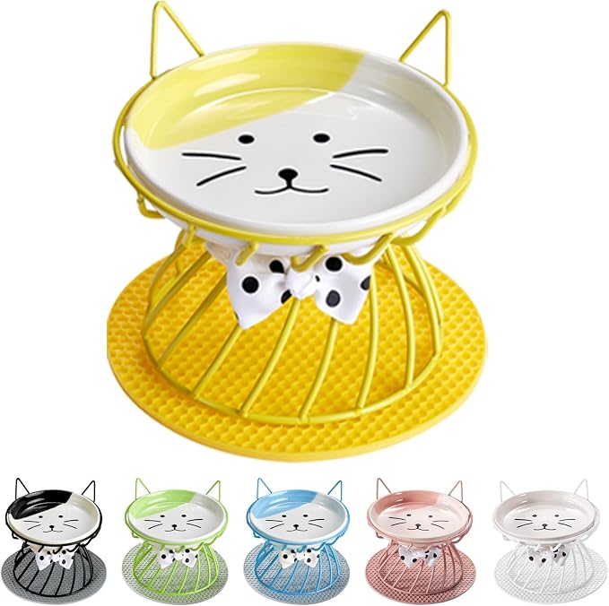 Elevated Ceramic Cat Bowl, Detachable Design, Yellow | Detachable Bowl Elevated Design Whisker Friendly Non-Slip Pads Premium Ceramic by Trundisan
