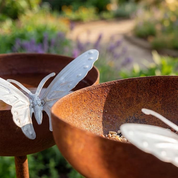 2 Pack Rusty Rain Catcher Garden Stake - Adjustable Metal Bird Feeder and Bath Bowl, Butterfly Style Vintage Outdoor Decor for Lawn Yard, Attracts Birds and Beneficial Insects - Image 6