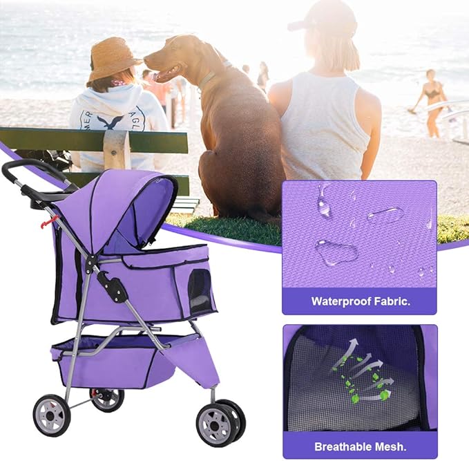 BestPet 3 Wheels Pet Stroller Dog Cat Cage Jogger Stroller for Medium Small Dogs Cats Folding Travel Carrier with Cup Holder, Waterproof Design & Removable Liner, Purple