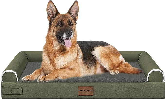 NANUYA Orthopedic Dog Bed for Jumbo Dogs, 48 x 33 Inch, Dark Green | Egg crate foam for joint support, 3-sided bolster pet sofa, waterproof lining, washable cover, and non-skid base by Nanuya