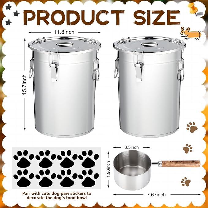 Lounsweer 2 Pack 7 Gal Stainless Steel Dog Food Storage Container with Lid and Locking Clamp 28 L Metal Airtight Container Large Stainless Steel Bucket with Food Scoop for Pet Feed - Image 2