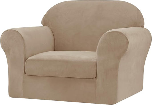 CHUN YI 2 Piece Velvet Armchair Cover Couch Covers 1 Cushion, Water Resistant Chair Slipcover with Arms, Non Slip High Stretch Thick Furniture Protector for Dogs Pets, Small, Camel by CHUNYI