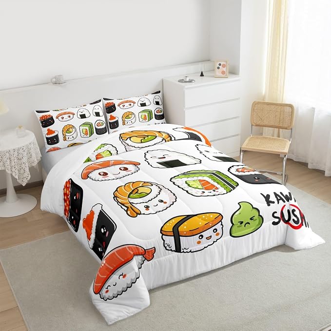 Erosebridal Kawaii Sushi Pattern Comforter Set King, Japanese Style Down Comforter, Food Theme Quilted Duvet for Kids Boys Girls Teens, Cute Cartoon Japanese Sushi Quilt Set Room Decorative - Image 3