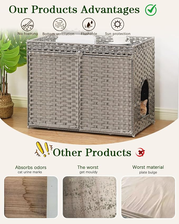 SETVSON Cat Litter Box Enclosure Furniture, Handwoven Rattan Hidden Litter Box with Mat, Large Space Cat House with 2 S-Shaped Hooks 30.3 x 18.3 x 24.4 Inches, Indoor for Living Room Apartment Gray - Image 3