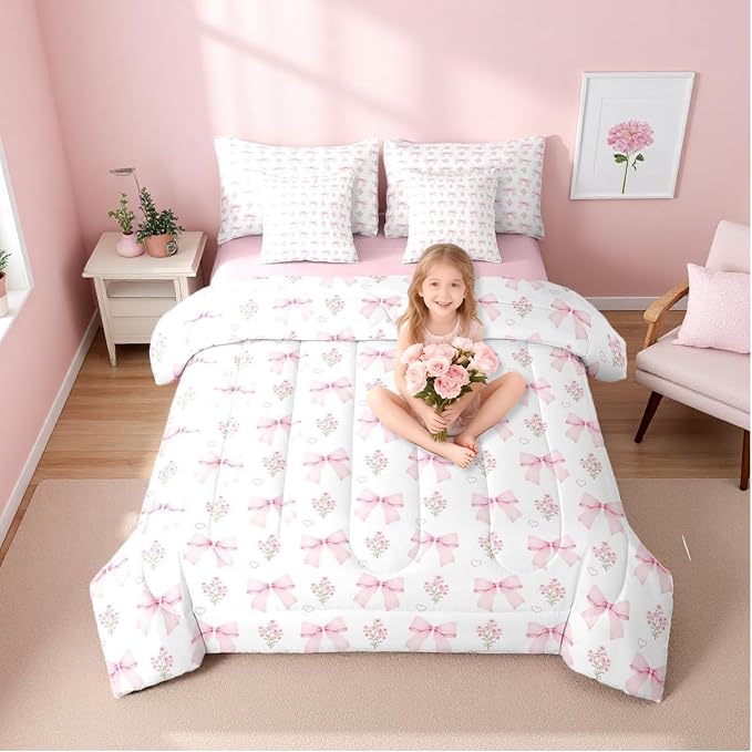 Erosebridal 7 Piece Bow Pink Comforter Set Queen Bed in a Bag for Girls Kids,Girly Pink Floral Coquette Bedding Sets Cute Bowknot Ribbon Heart Quilt Dreamy Princess Style Bow Sheets with Comforter by Erosebridal