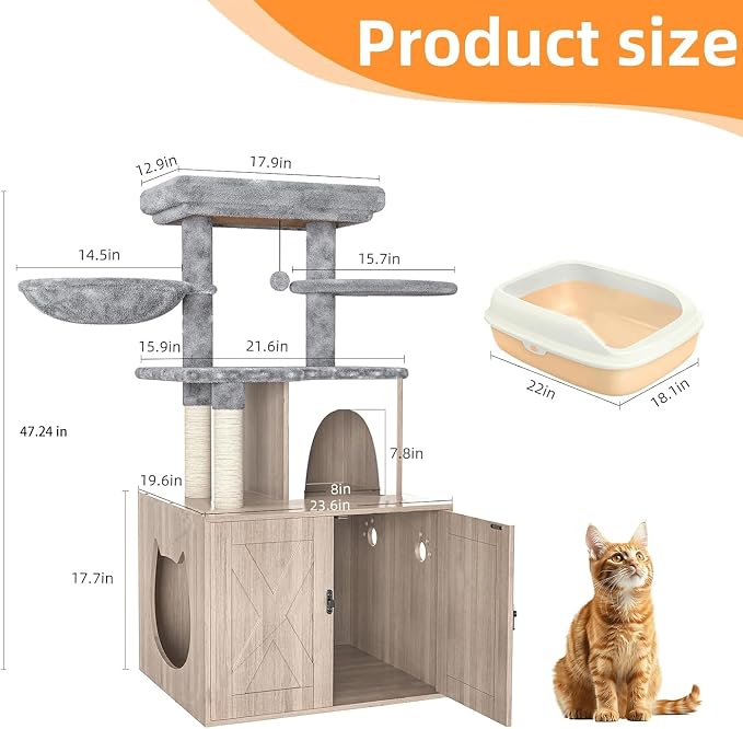 HavenlyYouth Litter Box Enclosure with Cat Tree,Cat Tree with Litter Box Enclosure,Hidden Pet Washroom Furniture with Sisal Scratching Post,Hammocks,Condo,Multiple Platform,Soft Plush Perch, Grey - Image 2