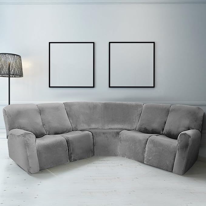 Peryiter 7 Pcs L Shape Sectional Recliner Sofa Covers 5 Seat Sectional Couch Covers Milk Silk Velvet Stretch Reclining Sofa Slipcover Furniture Protector for Living Room(Dark Gray,Velvet) - Image 2