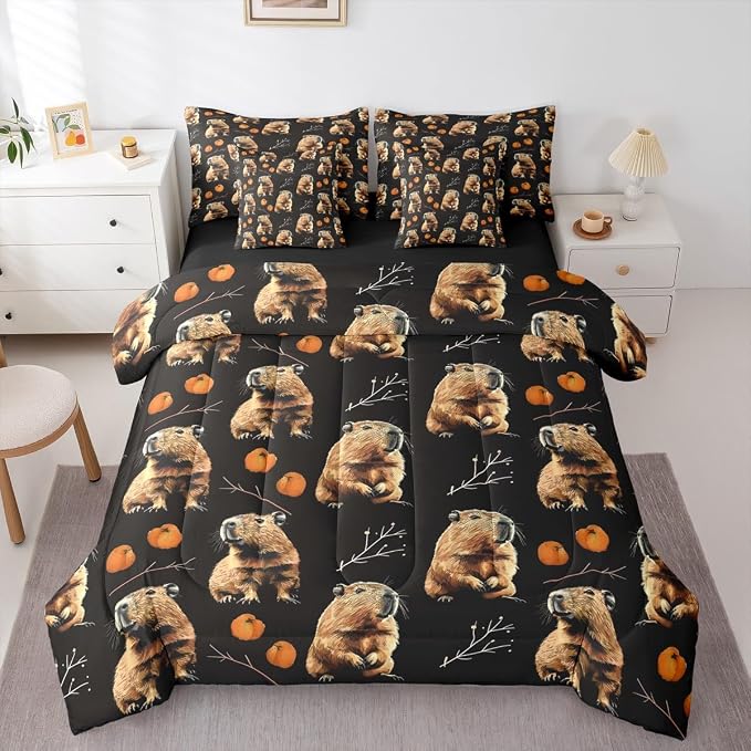 Erosebridal Kids Kawaii Capybara King Size 7-Piece Bedding Set for Capybara Lovers, Cute Animal Bed in A Bag, Peach Printed Comforter Set with Sheets, Cartoon Fruit Bedding Comforter Sets, Black - Image 3