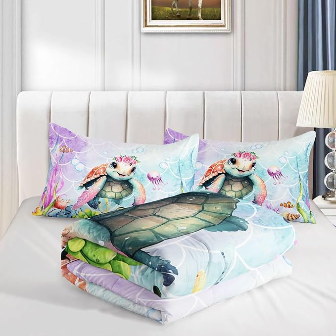 Cartoon Sea Turtle Comforter Set - Mermaid Scale Turtle Printed Bedding Set with 1 Comforter and 2 Pillowcases for Boys and Girls Bedroom - All Season (Full Size) - Image 4