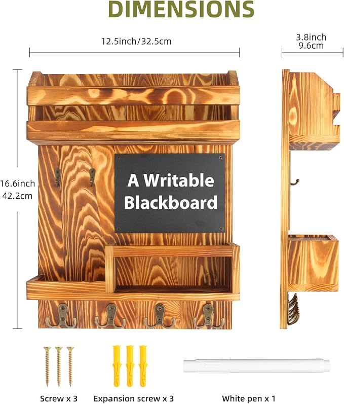 Large Key and Mail Holder Wall Mount, 12.5x16.5 Inch Solid Wood Key Racks for Entryway, Front Door, Hallway, Wall Organizer (Burnt Brown) - Image 2