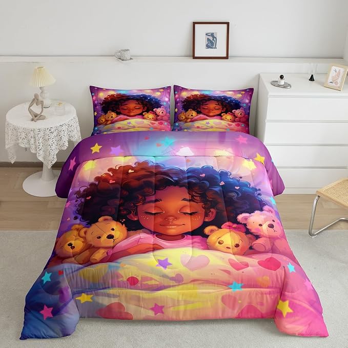 Manfei Black Cute Girl Comforter Set with 2 Pillowcases,Kawaii Sleeping Kid Cartoon Toy Microfiber Bedding Set for Adults Kids,Neon Colorful Stars Dreamy Starry Night Duvet Set for Bedroom,King by Manfei