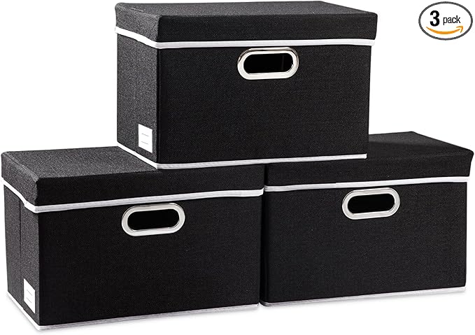 PRANDOM Foldable Storage Box with Lid [3-Pack] Fabric Collapsible Storage Bin Organizer Container Basket Cube with Cover for Home Bedroom Closet Office Nursery Black (14.9x9.8x9.8) by Prandom