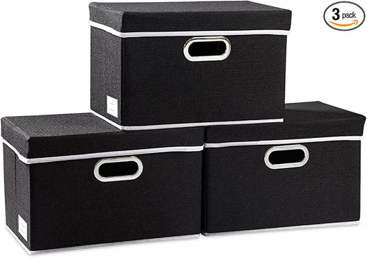 PRANDOM Foldable Storage Box with Lid [3-Pack] Fabric Collapsible Storage Bin Organizer Container Basket Cube with Cover for Home Bedroom Closet Office Nursery Black (14.9x9.8x9.8) by Prandom