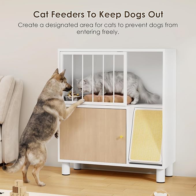 Dog Proof Cat Feeding Station, Metal Cat Feeding Cabinet, White | Elevated Cat Feeding Station, Pet Food Station with Storage, Cat Bowl Stand, Scratching Board, Stainless Steel Bowls - Image 5