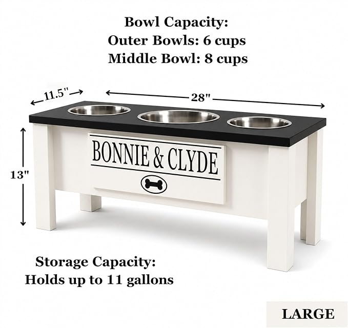 3 Bowl Dog Feeding Station, Personalized Triple Bowl Food Stand Medium Dogs | Farmhouse Style, Elevated Wood Stand, Storage Container, Stainless Steel Bowls, Raised Anti-Slip Feeder, Made in USA - Image 5