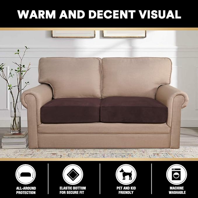 PrinceDeco Brown Furniture Cover, 2 Pcs Velvet Stretch Sofa Cushion Covers for Individual Cushions, Pet Friendly, Stay in Place, Machine Washable - Image 3