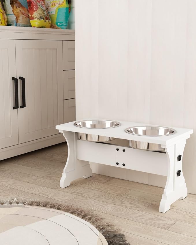 Piskyet Elevated Dog Bowls,Farmhouse Dog Bowls Stand, Raised Dog Bowl with 2 Stainless Steel Wooden Dog Bowls,7 Cups 11''H_55 oz Bowl-White, GWJ-01 - Image 4