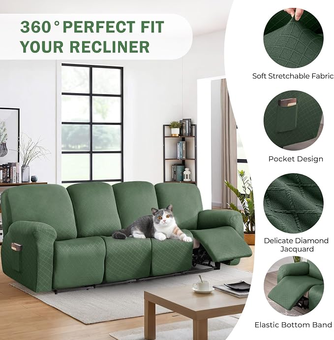 vctops Diamond Recliner Sofa Covers 10-Pieces Stretch Large RV Couch Covers for 4 Seats Reclining Slipcovers Soft Solid Furniture Protector (Mo Green,4 Seat) - Image 4