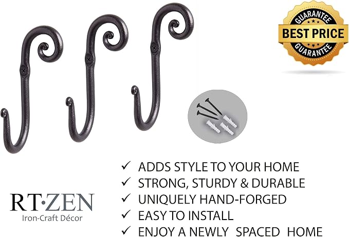 RTZEN Classic Farmhouse Wall Mount Multi-Use Wrought Iron Hook Set (3 Pack) | Decorative Rustic Metal Handcrafted Bathroom, Entreyway Home Decor Hooks Suitable for Coats, Towels, Robe or Hat Hanging - Image 6