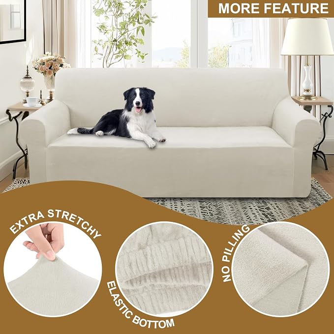 U-NICE HOME Velvet Sofa Covers Stretch Couch Covers for 3 Cushion Couch Furniture Protector Sofa Slipcover (XL Large, Beige) - Image 4