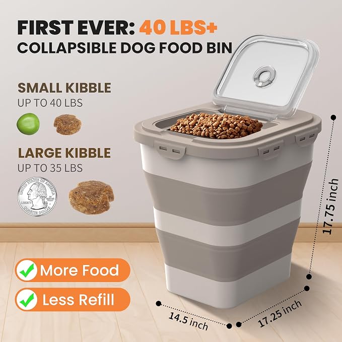 35-40Lbs Airtight Dog Food Storage Container,Collapsible Dog Food Container | Large Pet Food Storage Container with Lid,Wheels,Date Track,Keep Fresh for Rice,Flour,Sugar,Scoop,2PCS Container - Image 2