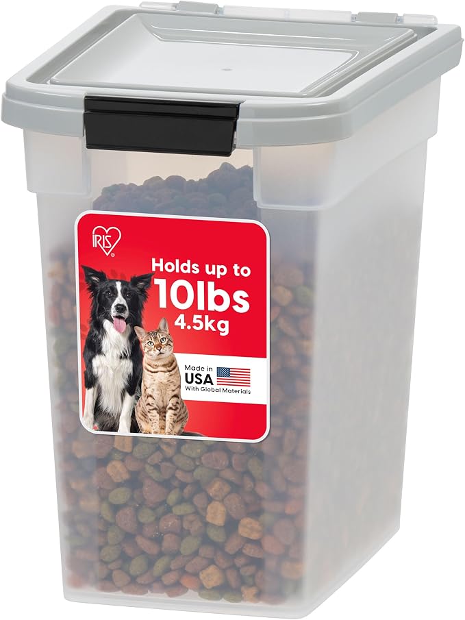 IRIS USA Airtight Dog Food Storage Container, WeatherPro, Up to 10 lbs, for Dog Cat Bird and Other Pet Food Storage Bin, Keep Fresh, Translucent Body, Made in USA, Clear/Gray by IRISUSA