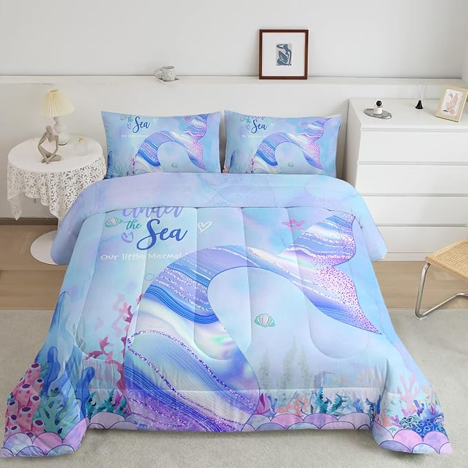 Nttopship Mermaid Princess Comforter Sets King Size for Boys Girls Bedding Set Sea Beach Ocean Blue Bedroom 1 Comforter with 2 Pillowcases by Nttopship
