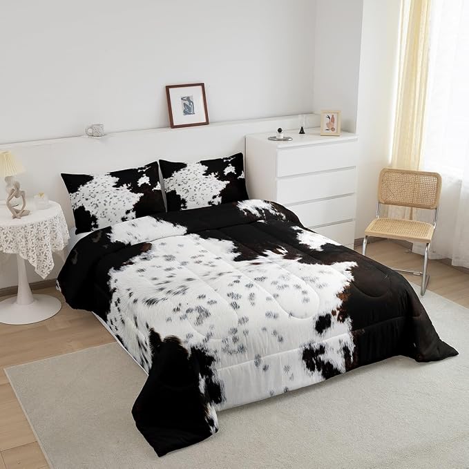 Cow Fur Comforter Set King Size,White Black Brown Cowhide Bedding Set 3pcs for Kids Boys Girls Teens Bedroom Decor,Animal Skin Print Quilt Set Rustic Farmhouse Cow Print Duvet Set,2 Pillowcases - Image 3