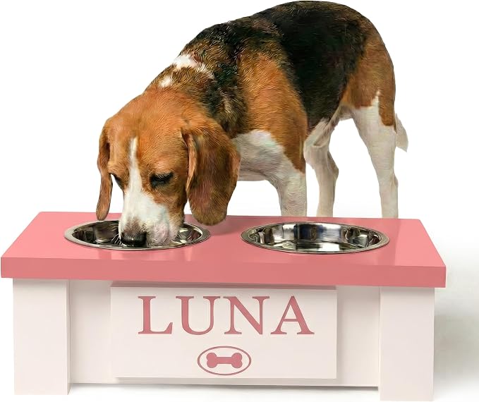 Elevated Dog Bowls for Small Dogs, Personalized Food Stand for Toy Breed | Farmhouse Style, Elevated Wood Stand, Storage Container, Stainless Steel Bowls, Raised Anti-Slip Feeder, Made in USA by GrooveThisWoodshop
